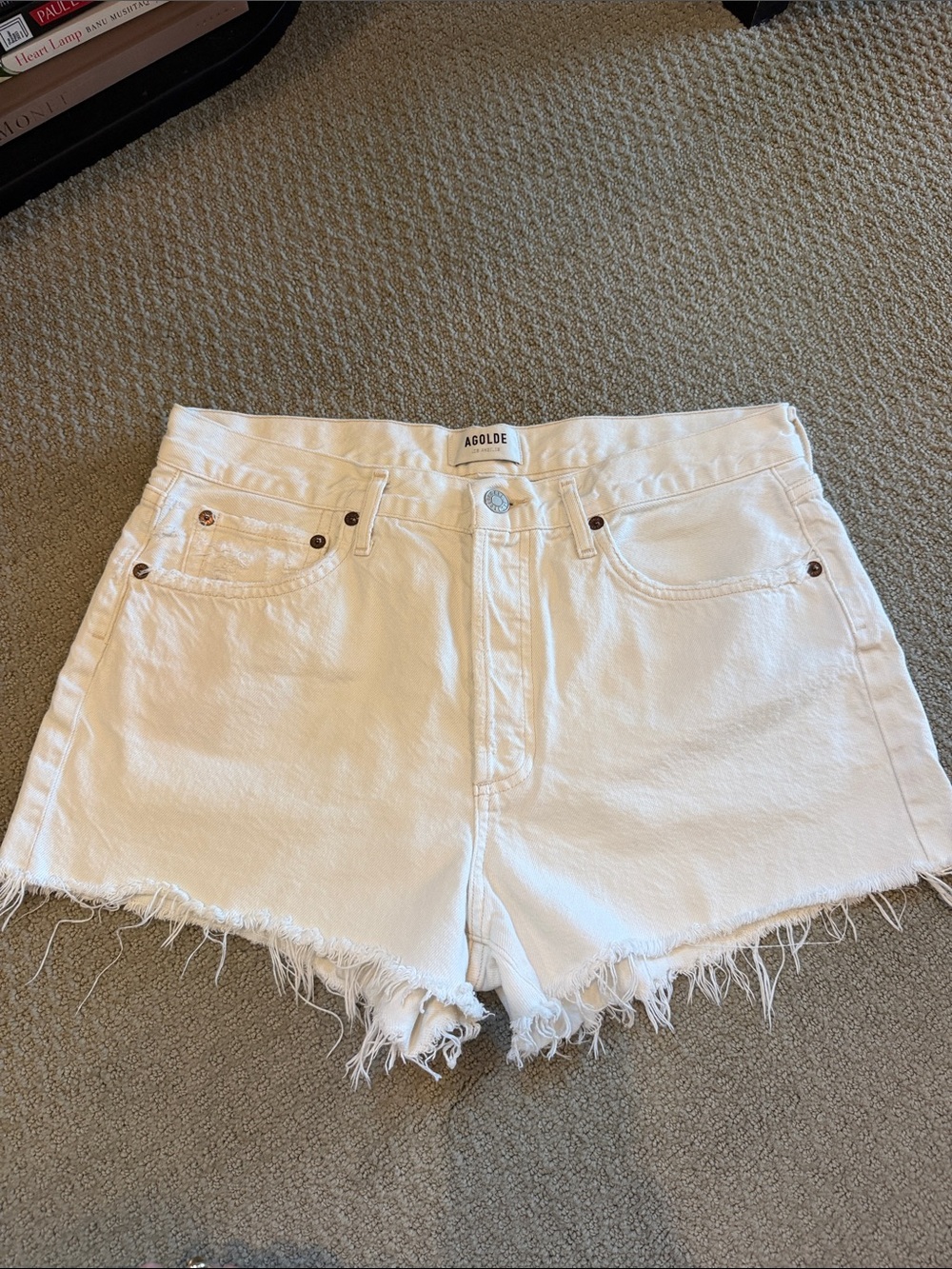 Agolde White High-Rise Frayed Hem Jean Shorts